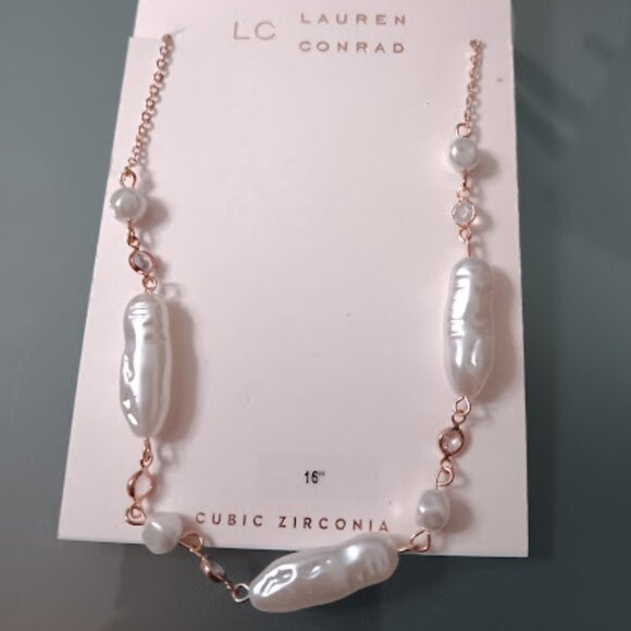 LC Lauren Conrad Jewelry - LC LAUREN CONRAD Romantic Rose Gold Pearl/Clear CZ Stones Chain Necklace**NEW!